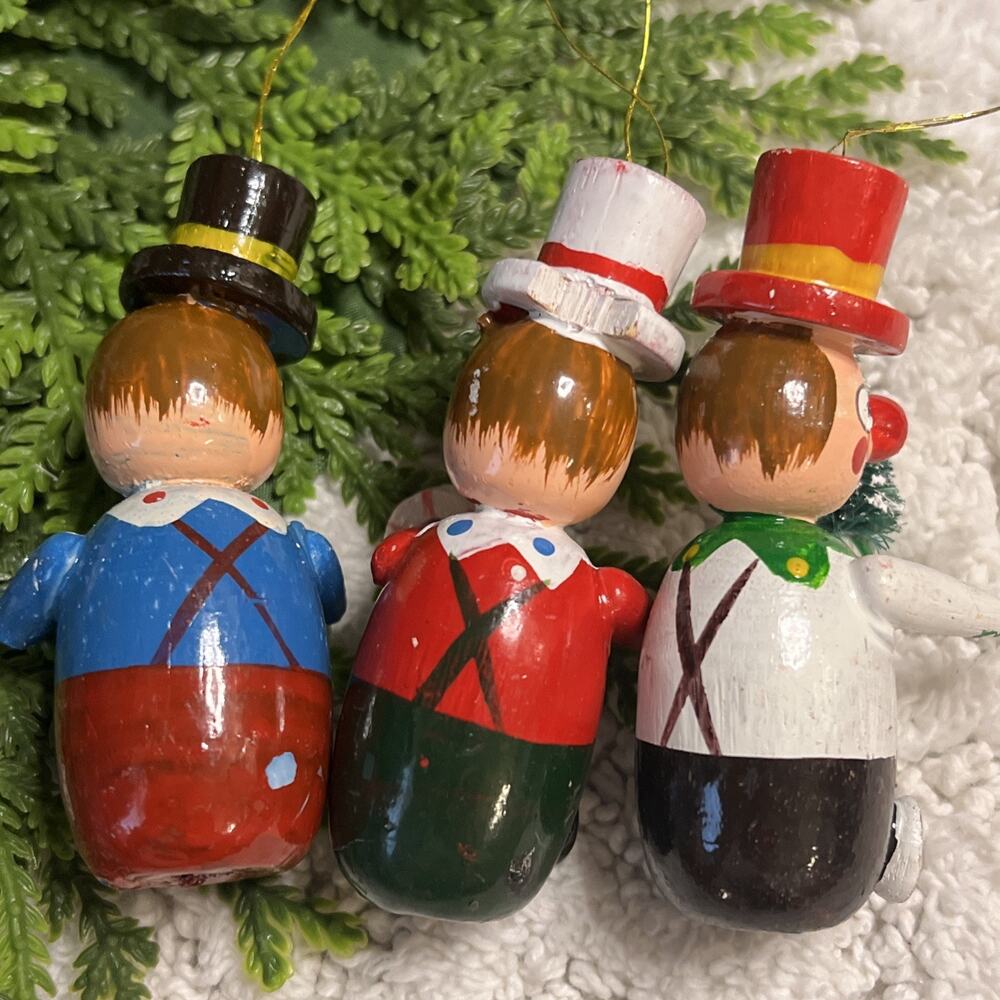 Lot of 3 Vintage Clown Colorful Wooden Ornaments Top Hats Tree 3.25” Christmas - Picture 5 of 8